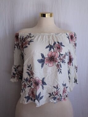 Peppermint White Off-Shoulder Blouse with Pink & Blue Floral Print